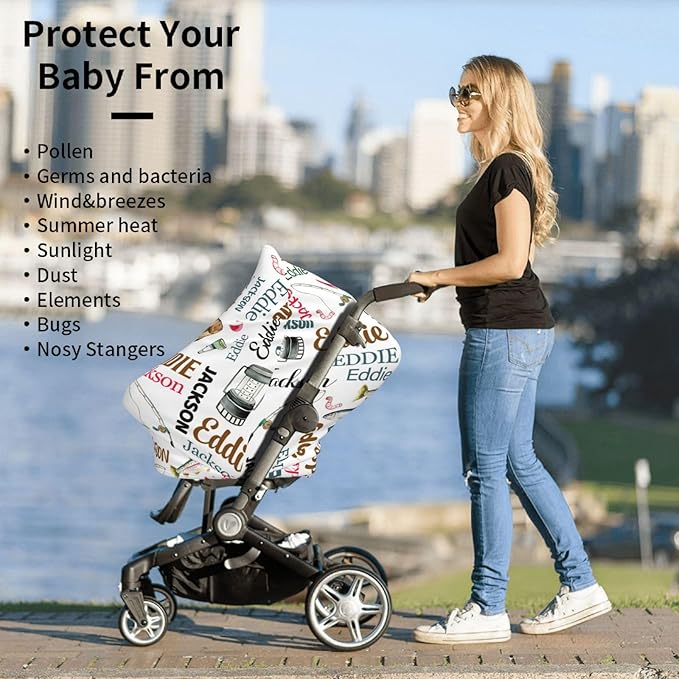 Personalized Baby Car Seat Cover for Boys Girls, Custom Fishing Nursing Covers for Breastfeeding with Name, Infant Stroller Cover, Baby Carseat Canopy for Newborn, Multiuse Car Seat Canopies