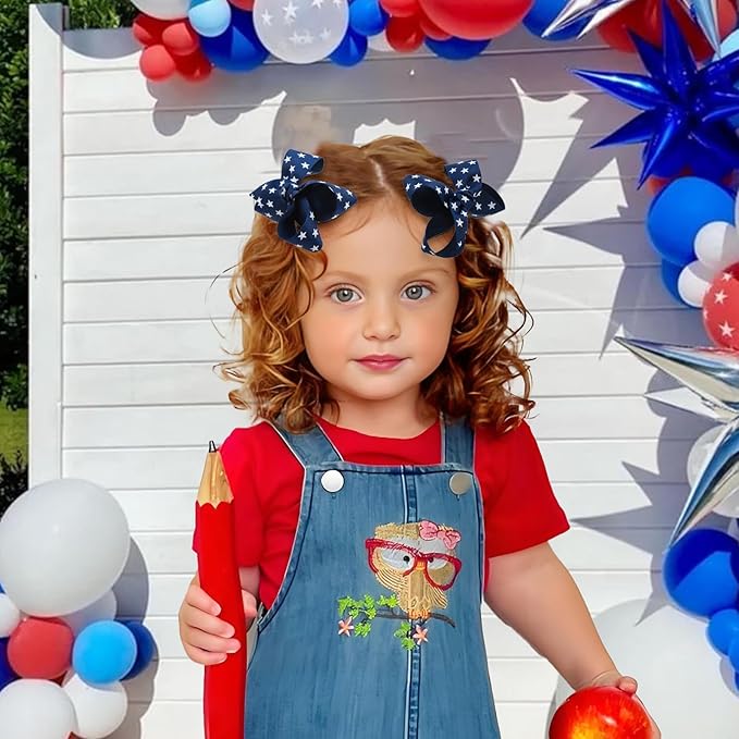 YanJie 2pcs Baby Hair Clips 3‘’ Navy Blue Bow Ribbon American Flag Hair Bows White Stars Clips