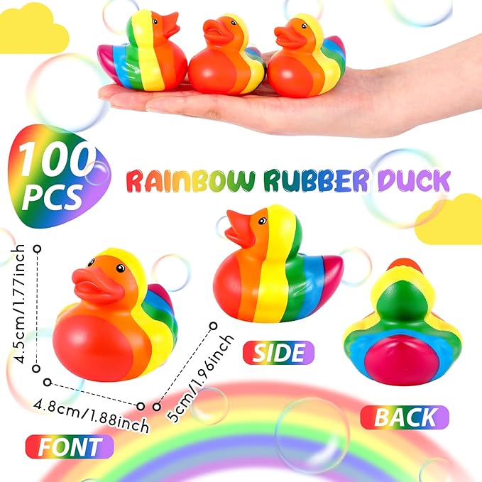 DEEKIN Rainbow Rubber Ducks Bulk Mini Cruise Rubber Duckies Set Bathtub Ducky Decorations for Rainbow Colorful Birthday LGBT Party Favors Gift(100 Pcs)