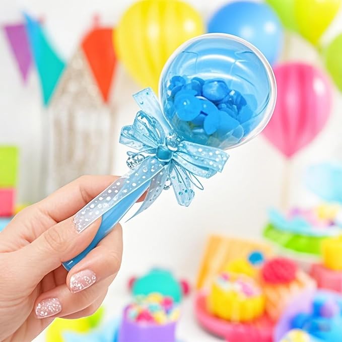 48 Pieces Fillable Baby Rattle Party Favors, Blue with Decorative Bear & Ribbon