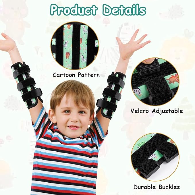 2 PCS Thumb Sucking Deterrent, Green Animals Thumb Guard for Kids Toddlers Nail Biting Treatment, Anti Nose Picking, Scratching Face, Elbow Immobilizer for Boys Girls, Finger Sucking Prevention