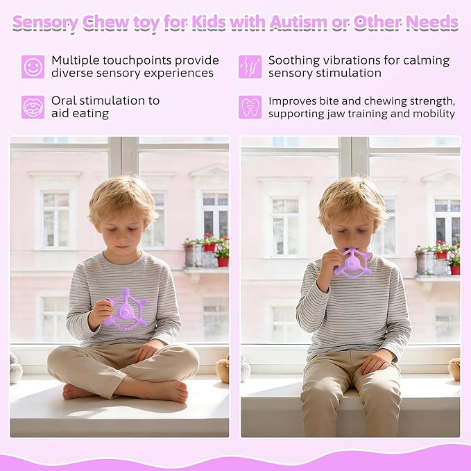 Vibrating Teether for Baby, Sensory Toys for Kids with Autism & Teething Relief for Babies 6-18 Months, USB Chargeable with 3 Vibration Settings, Autism Sensory Products (Purple)
