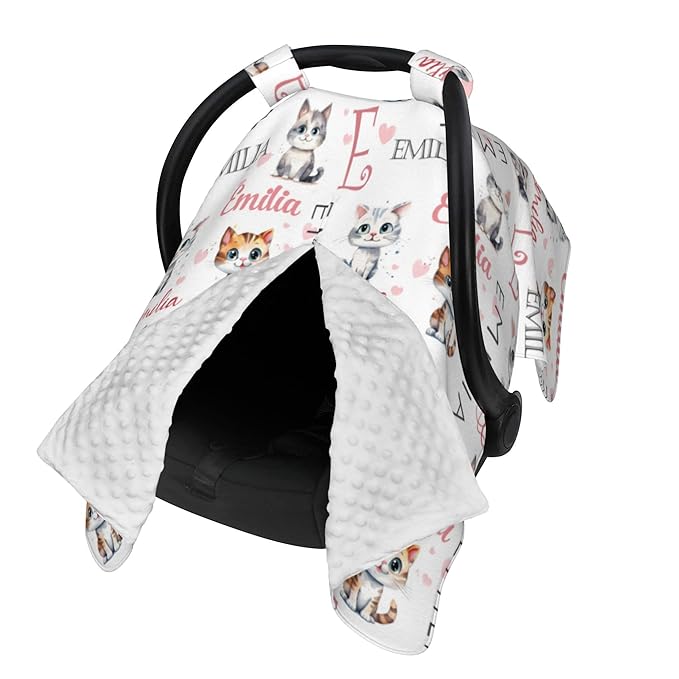 Custom Baby Car Seat Canopy Personalized Car Seat Covers with Name for Baby Boys Girls Customized Cat Nursing Breastfeeding Cover Infant Carseat Canopies Newborn Minky Baby Blanket