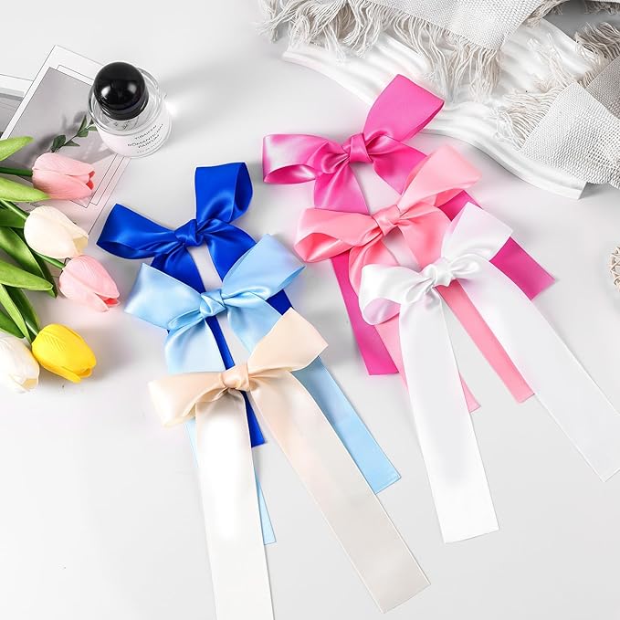 2-Pack Long Satin Ribbon Hair Bows for Girls – Elegant Silk Hair Clips for Toddlers, Infants, Teens & Kids - Ivory