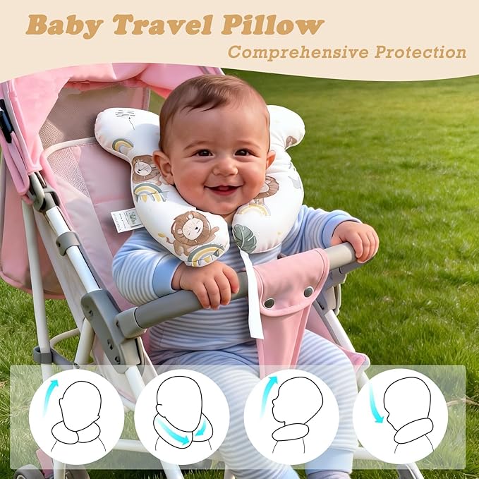 Toddler Travel Pillow Head Body Support for Car Seat and Stroller, Soft Reversible U-Shape Seat Comfort Accessory, Cartoon Lion