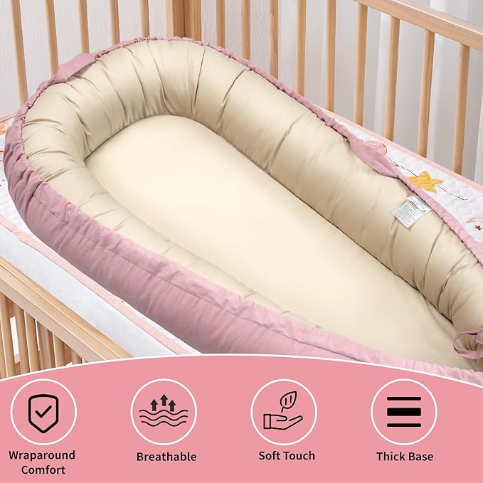 Infant Lounger, Portable Infant Beds, 100% Cotton, Breathable & Reversible, Baby Lounger for Newborn, Adjustable Baby Floor Seat for Tummy Time, Essentials for Newborns (Pink)
