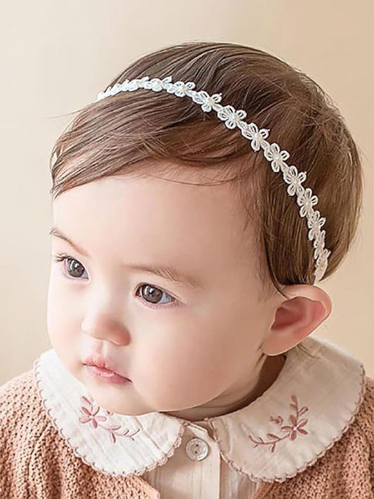 Baby Girls Flower Crown Headband Lace Handmade Floral Headbands Soft Elastic Band Daisy Hairband Newborn Infant Toddler Kids for Christening Baptism Birthday Party(White, Pearl)