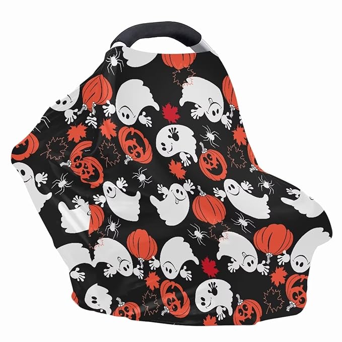 JEOCODY Halloween Ghost and Pumpkin Pattern Multi Use Cover Soft Nursing Cover Elastic Carseat Canopy Stroller Cover Shopping Cart Cover
