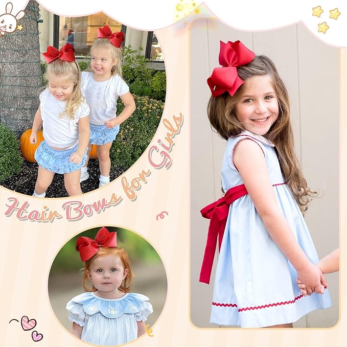 Oaoleer 2PCS 6inch Hair Bows Clips, Red Layered Grosgrain Ribbon Bows Hair Alligator Clips for Baby Girls Infants Toddlers Kids Teens Children