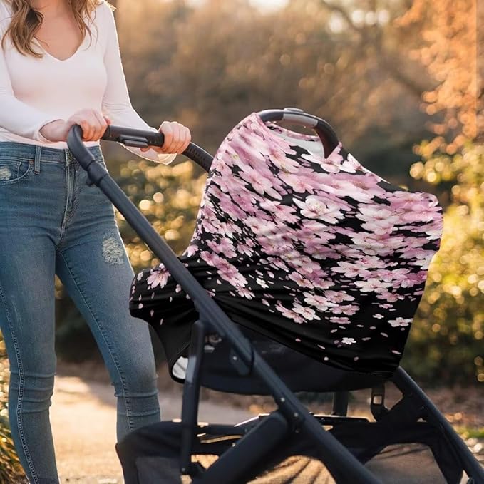 Coldinair Cherry Blossom Car Seat Cover for Babies Girls,Nursing Cover,Soft Stretchy Infant Carseat Canopy,Shopping Cart/High Chair/Stroller Covers