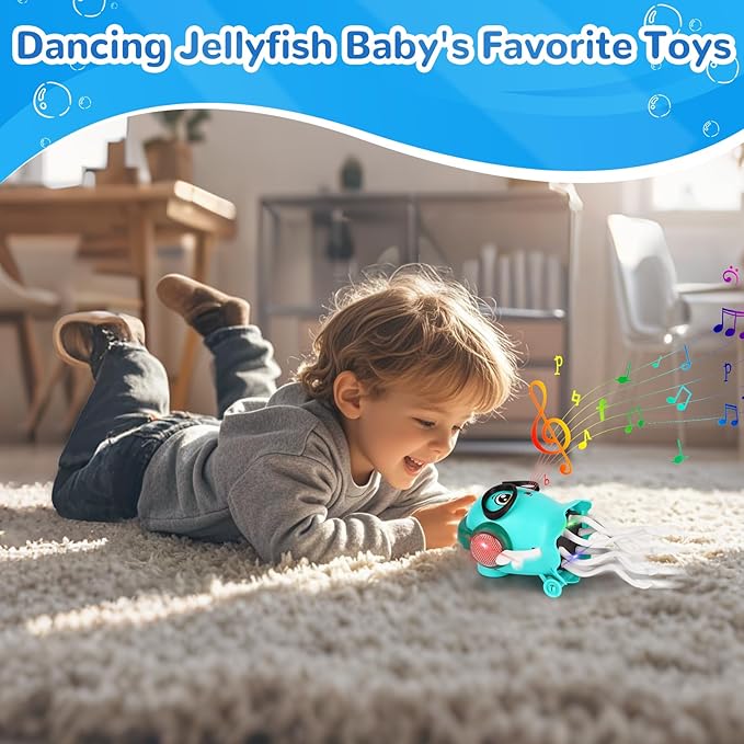 Dancing Jellyfish Babies Toy Music Crawling Octopus 6-12 Months Tummy Time Toys Magic Glowing Squid 1st Birthday Gifts for Toddlers 1 2 3 4 5 6 Year Old Kids Funny Gift for Baby Girl Boy Age 1-3