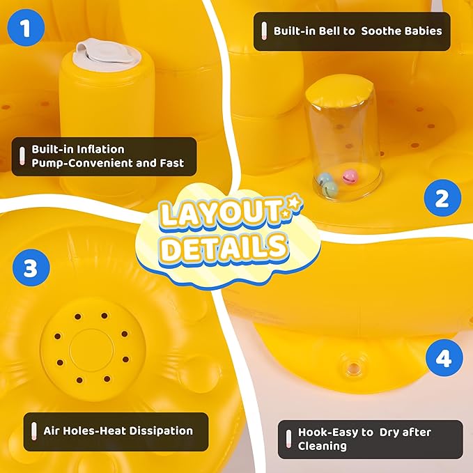 Baby Seat Inflatable Infant Floor Seat Toddler Chair Support Sitting Up Built in Air Pump with Tinkling Bells for 5-36 Months Home and Travel (Yellow)