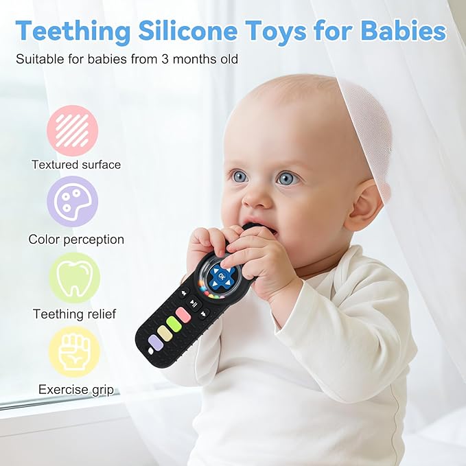 MISSLILI Teething Toy for Babies 3-6-12 Months, Silicone Baby Rattles Teether, Teething Relief Infant Toddles TV Remote Control Teether for 0-24 Months, Black