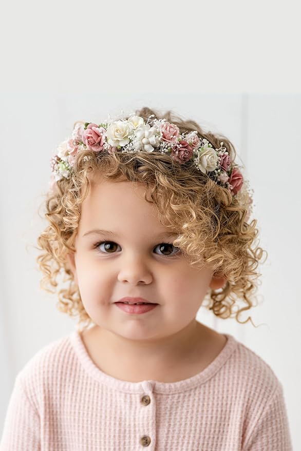 Blush Pink Flower Girl Crown with Baby's Breath Headpiece Young Girl Floral Hair Wreath Rustic Wedding Hair Accessories Headband for Child(43cm length)