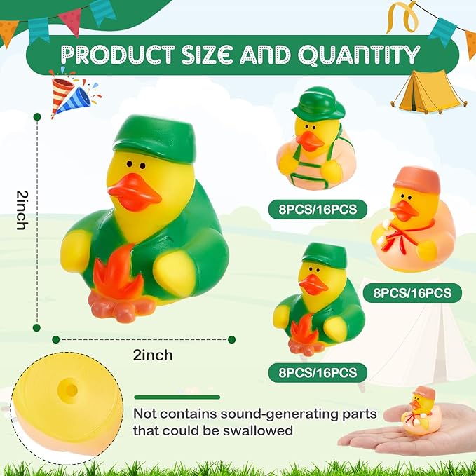 24 Pcs Camp Rubber Duck Bulk Summer Vacation Party Favors 2 Inch Rubber Ducks Gifts for Camping Adventure Theme Birthday Party Decoration