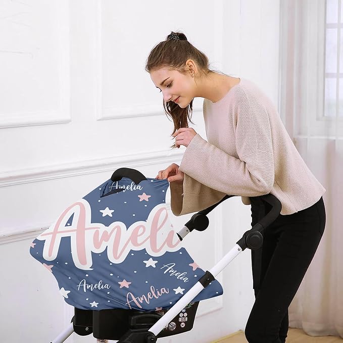 Personalised Car Seat Cover for Girls and Boys - 7 in 1 Multipurpose Breast Feeding Cover, Blue Star Nursing Cover, Grocery Cart Cover - Birthday Gift for Babies