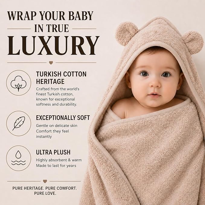 Turkish Organic Cotton Hooded Towels - Heritage Aegean Plush Bath Towels for Newborn, Best for Boys (Teddy Cub, 35×35" — Baby/Toddler Large Size Bath Towel Boy (6 Months–Toddler)