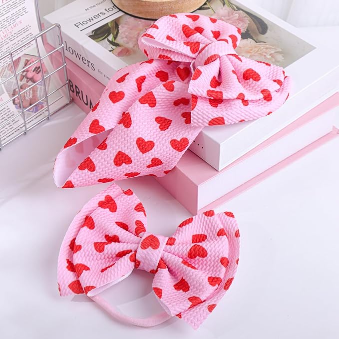 YanJie HAIRBAND 2 Pack - Valentines Design, Red Heart Handmade Headbands for Girls Infants Toddlers, Soft Comfortable Nylon Hairbands Accessories, Cute Baby Dress Up Gift