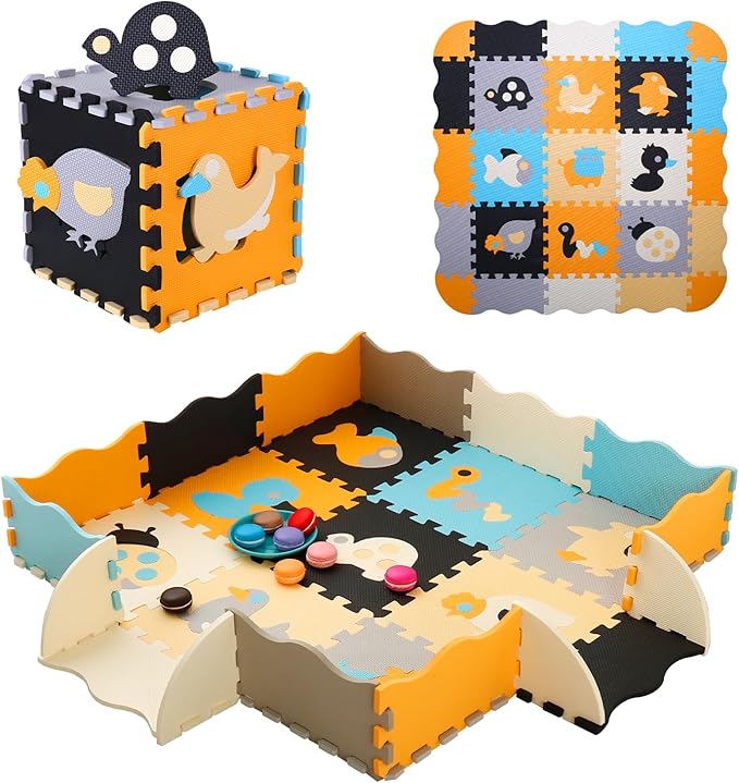 Foam Play Mat for Kids，25Pcs Square Interlocking Puzzle Floor Mat，Baby Play Mat Floor Mat Foam Puzzle Playmat for Toddlers with Fence（Animal-CSH018