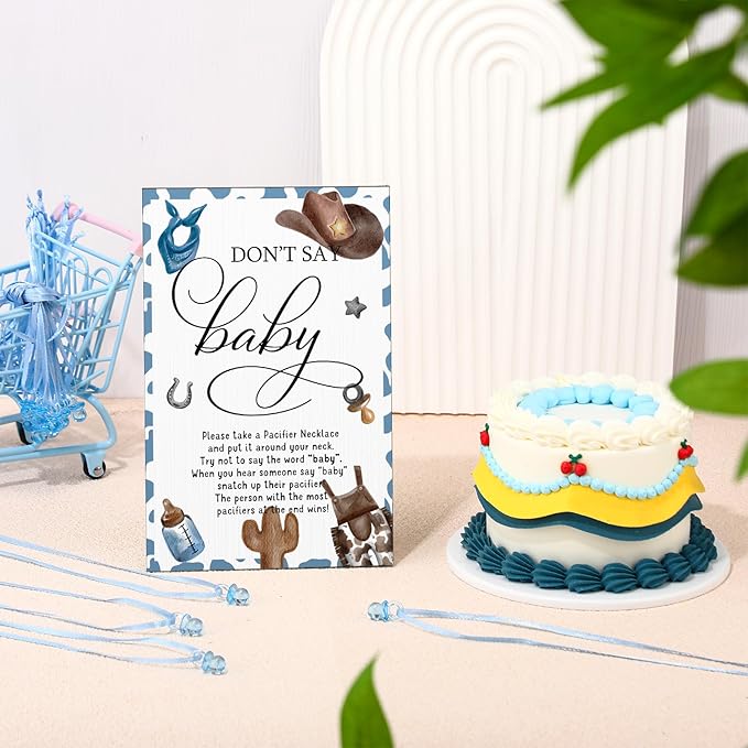 Geetery 51 Pcs Don't Say Baby Game Sign Cool Baby Shower Game 50 Pacifier Necklace Wooden Don't Say Sign Plastic Pacifier Party Favor for Gender Reveal(Cowboy,Blue)
