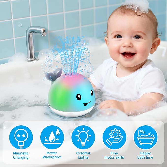 Gigilli Baby Bath Toys, Magnetic Rechargeable Light Up Whale Bath Toys for Kids Ages 1-3, Toddler Bathtub Pool Water Toy Sprinkler, 1 Year Old Boy Girl Gifts, Babies 6-12 Months Easter Basket Stuffers