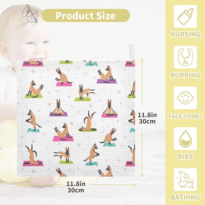 vvfelixl Baby Cotton Washcloths Belgian Malinois Yoga Infants Bath Towel for Unisex Face Towels for Newborn, Natural Baby Wipes Delicate Skin, 11.8 X 11.8 inch, one sizex5