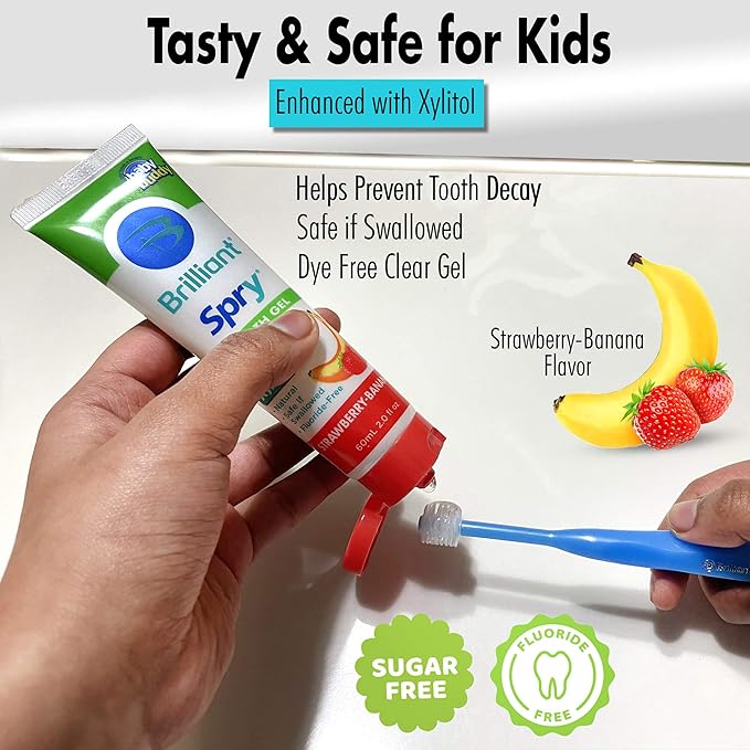 First Teeth Oral Care Kit by Brilliant Oral Care- Set has Baby's 1st Teether-Brush, Brilliant Baby Toothbrush and 2oz Spry Xylitol Tooth Gel, Infants Age 4 Months Old and Up, Baby Must Haves, Blue