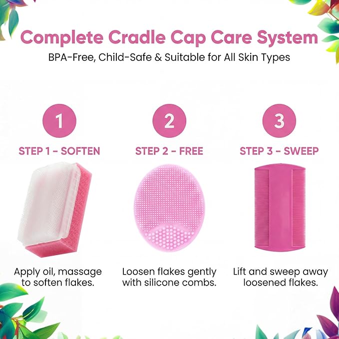 Cradle Cap Brush for Babies - Cradle Cap Treatment | Baby Sponge for Bathing | Baby Brush and Comb Set Newborn | Baby Comb & Scalp Scrubber (Set of 6 - Pink)