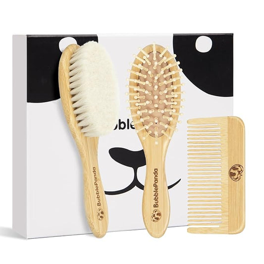 BubblePanda Baby Hair Brush and Comb Set – Ultra Soft Goat Hair Bristles, Natural Bamboo Baby Brush for Cradle Cap, Gentle Grooming Kit, Baby Registry Gift, for Newborns & Toddlers