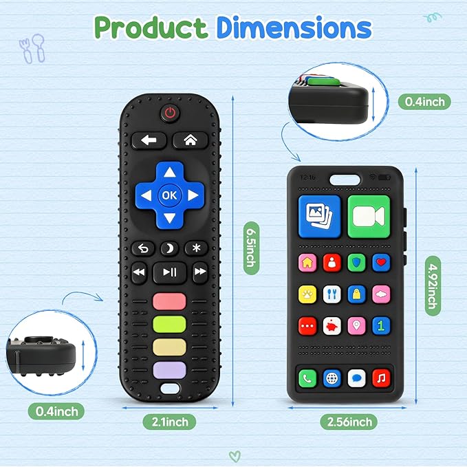 2 Pack Baby Teething Toys for 3-6 6-18 Months, Silicone Phone & TV Remote Control Shape Teether Toys, Newborn Teething Relief Sensory Chew Toys, Baby Shower Gifts for Infant Boys Girls 6-12 Months