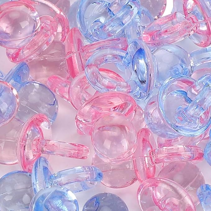 150 Mini Acrylic Pacifiers for Baby Shower Game Assorted Bulk Clothing Accessories and Surrounding Areas Decorate Pacifier Plastic Multi Colored Craft Tiny (Transparent + Blue)