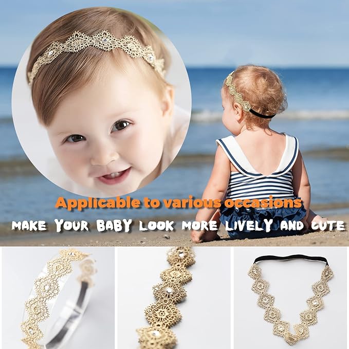 DANMY Baby Girl Super Elastic Headband,Cotton Lace Toddler Hair Band,Infant Soft Turban Hair Accessories Set (gold 1pcs)