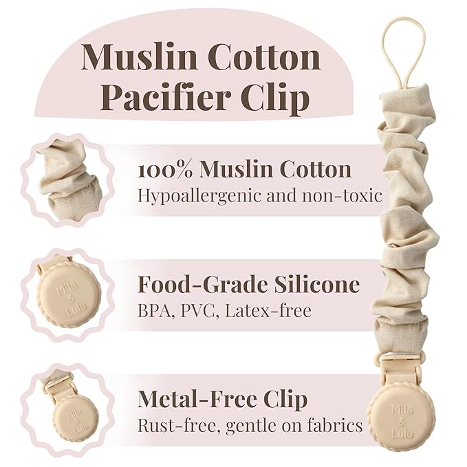 Muslin Cotton - Metal-Free Pacifier Clips, Lightweight and Secure Pacifier Holder for Babies (Beige Toile) - Mila & Lulu
