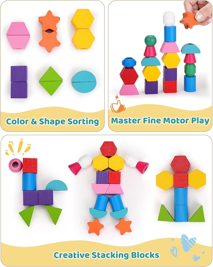 Montessori Toys for 3 Year Old, Stacking Toys for Toddlers, Stacking Blocks, Lacing Beads, Matching Shape Preschool Toys, Montessori Toys for 3 4 5 Year Olds with Canvas Storage Bag