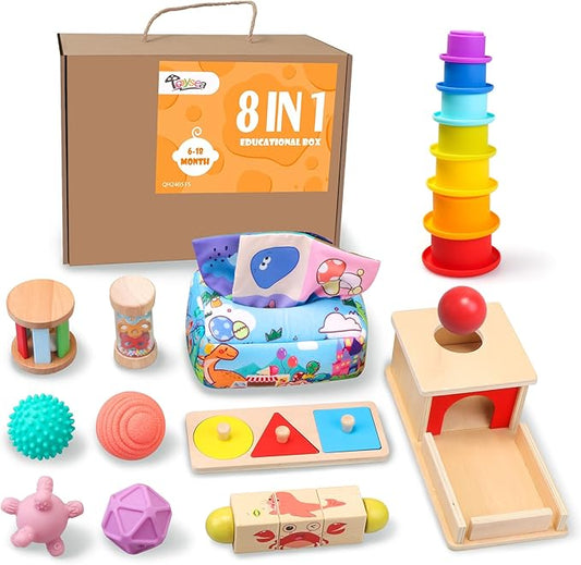Montessori Toys for Babies 6-12 Months,1 Year Old,8 in 1 Baby Sensory Toy for 12-18 Months Toddler,Wooden Educational Development Toys with Soft Stacking Cup&Sensory Ball&Tissue Box