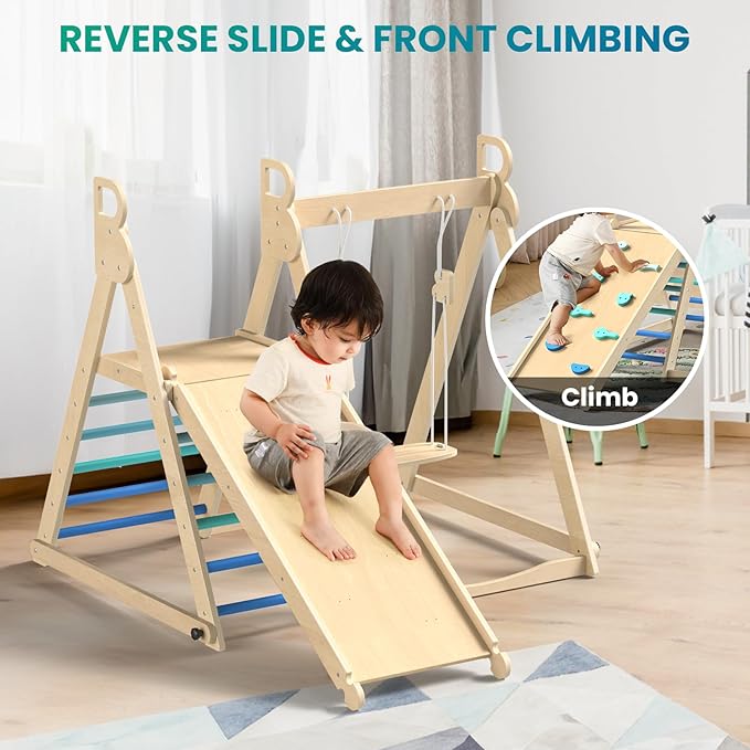 BlueWood 4 in 1 Indoor Jungle Gym, Foldable Wooden Climbing Set with Swing, Slide, Ladder and Climbing Wall