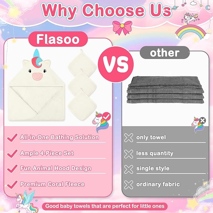 Flasoo 4 PCS Baby Towels Set, Soft Absorbent Baby Hooded Bath Towel, 1 Baby Towel and 3 Baby Washcloths for Newborns, Toddlers, and Kids, 32x32 inch Baby Towel for Boy and Girl (White Unicorn)