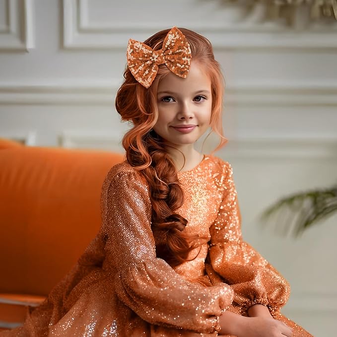 Hair Bows: Sequined Alligator Hair Clips with Big 5" Orange Bows for Girls, Babies, Toddlers, and Teens