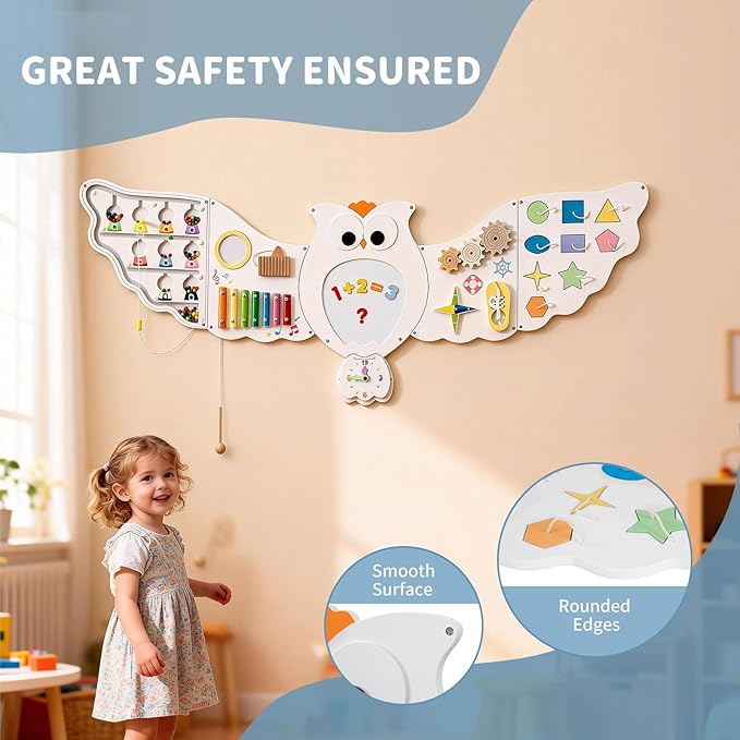 HONEY JOY Owl Activity Wall Busy Board Panels, Wooden Sensory Wall Panel for Kids, Toddler Learning Activity Center, Ideal for Playroom Daycare Nursery Classroom Dentist Office (White)