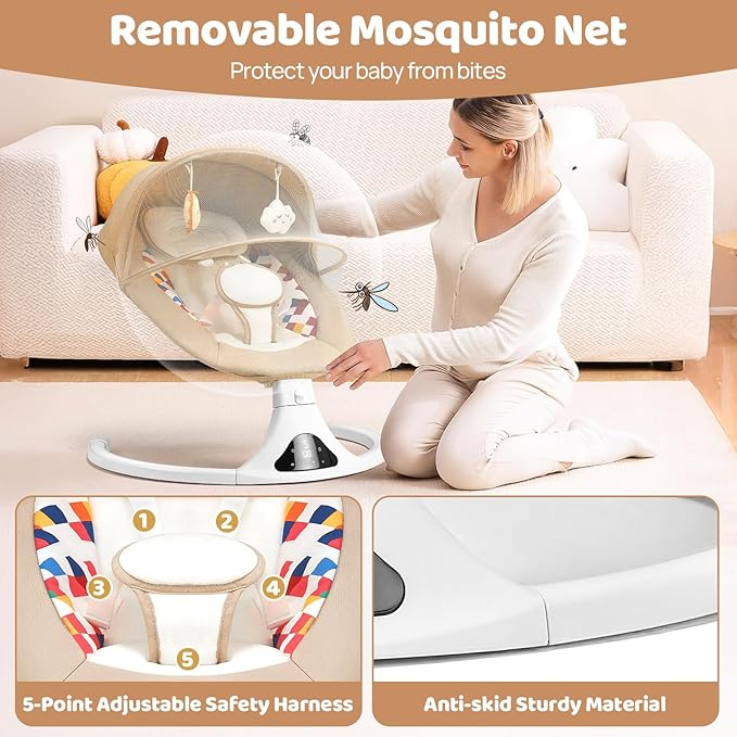 Baby Swing for Infants, Bluetooth Baby Swing with Remote Control, Portable Infant Swings with 5 Speed Motions, 12 Soothing Lullabies, Designed for Newborns (Max 20 lbs Beige)