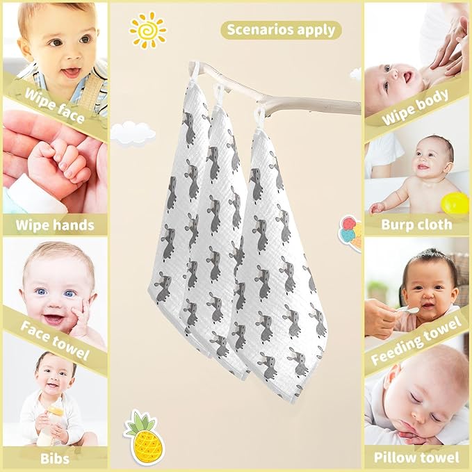 Cute Donkey Baby Washcloths Newborn Muslin Burp Cloths 3 Pack Soft Cotton Baby Face Bath Towel Drool Bibs for Infants, Girls and Boys 11.8 x 11.8 Inch