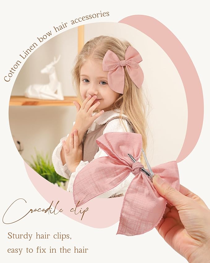 doboi 8PCS Baby Girls Hair Clips Fable Hair Bows Cotton Linen Bows for Girls Hair Accessories for Baby Girl Toddlers Kids-Grid