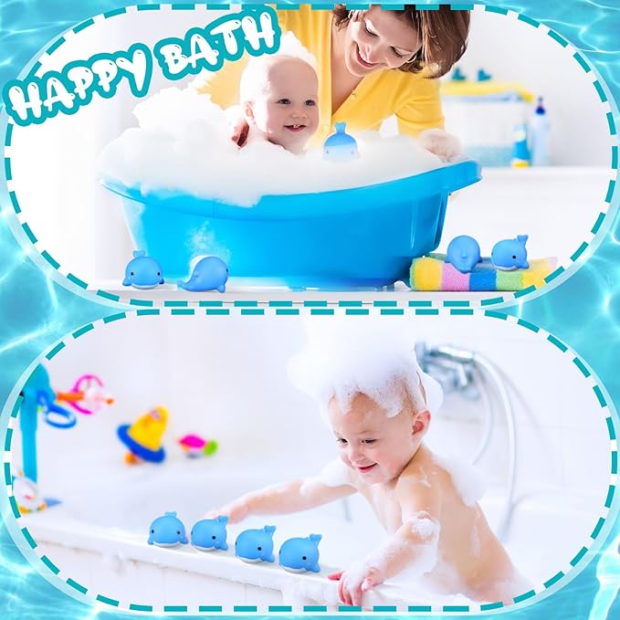 RoundFunny 30 Pcs Whale Rubber Bath Toys Glow in the Dark Mini Sea Animal Blue Squeezable Squeak Toys for Beach Pool Shower Play Floating Favors Carnival Decoration