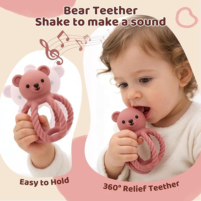3Pcs Baby Silicone Teether Toy Set - Food-Grade Silicone Teething Relief Toys,Wooden Ring Teether Cute Bear Toy and Toy Straps for Babies 3-12 Months(Pink)