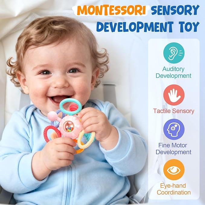 Easter Baby Teething Toys for 0-6 6-12 Months, BPA Free Food Grade Silicone Teether, Infant Sensory Chew Rattles Toys, Perfect Baby Easter Basket Stuffers & Easter Gifts, Light Pink