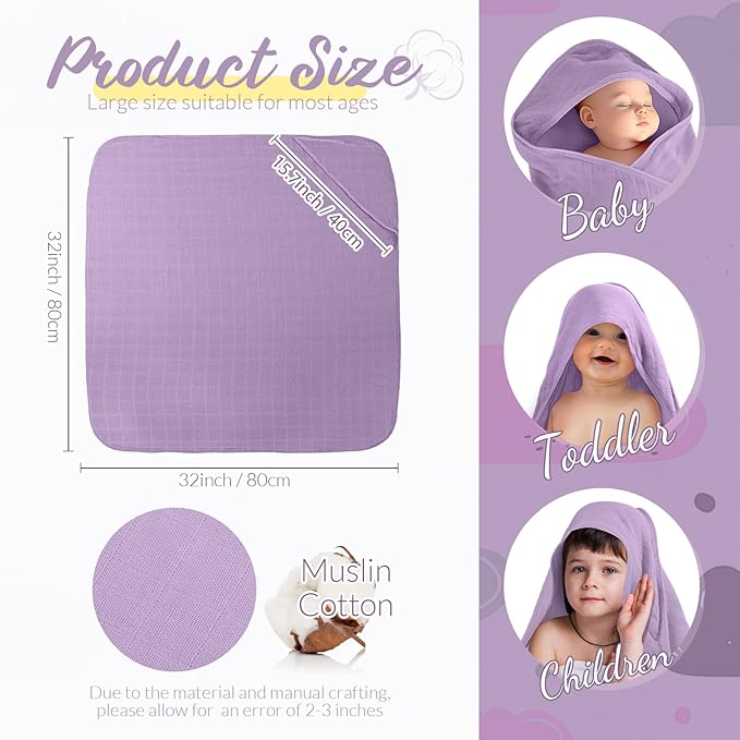 Preboun 4 Pcs Muslin Hooded Baby Towels,32"x 32" Cotton Newborn Bath Towel Muslin Infant Baby Blankets Absorbent Unisex Newborn Registry Gift for Girls Boys(Purple Series)