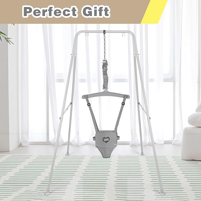 Baby Jumper with Stand, Infant Jumper with Adjustment Strap, Indoor/Outdoor Toddler Swing Set, Baby Jumpers and Bouncers for Boys Girls 6-24 Months, Easy to Assemble & Store (Gray)