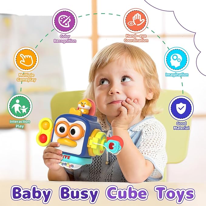 usrela 5 in 1 Baby Toys for 12 18 Month, Learning Toy for Babies 12-18 Months, Baby Busy Cube, Stacking&Sensory, Pull String&Piano Xylophone Toy, Birthday Gift for 12+ Month