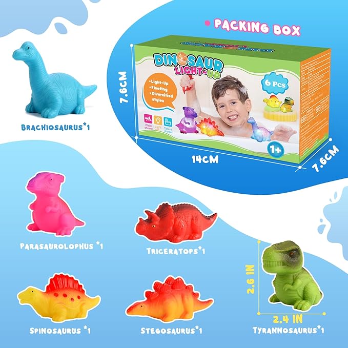 Baby Bath Toys for Toddlers 1-5, 6 Packs Light Up Floating Dinosaur Toys for Kids 1-5 Year Olds Boys Girls Halloween Xmas Birthday for Babies Age 1-5 Sensory Toys Preschool Bathtub Pool Shower Games