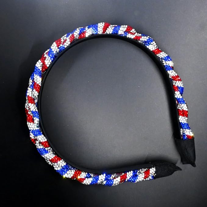 4th of July Rhinestone Headbands for Women Girls Stripes Twist Hairband for Girls Red Blue White Rhinestone Sparkle Head Band Patriotic Hair Accessories